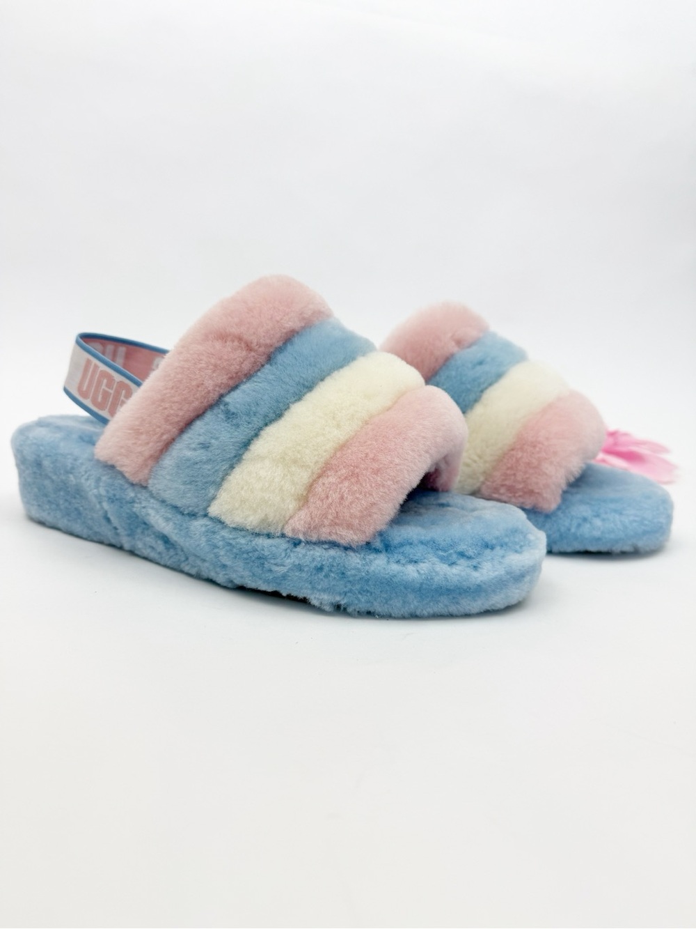 UGG Fluff Yeah Slide Stripes Pride Pink Blue White